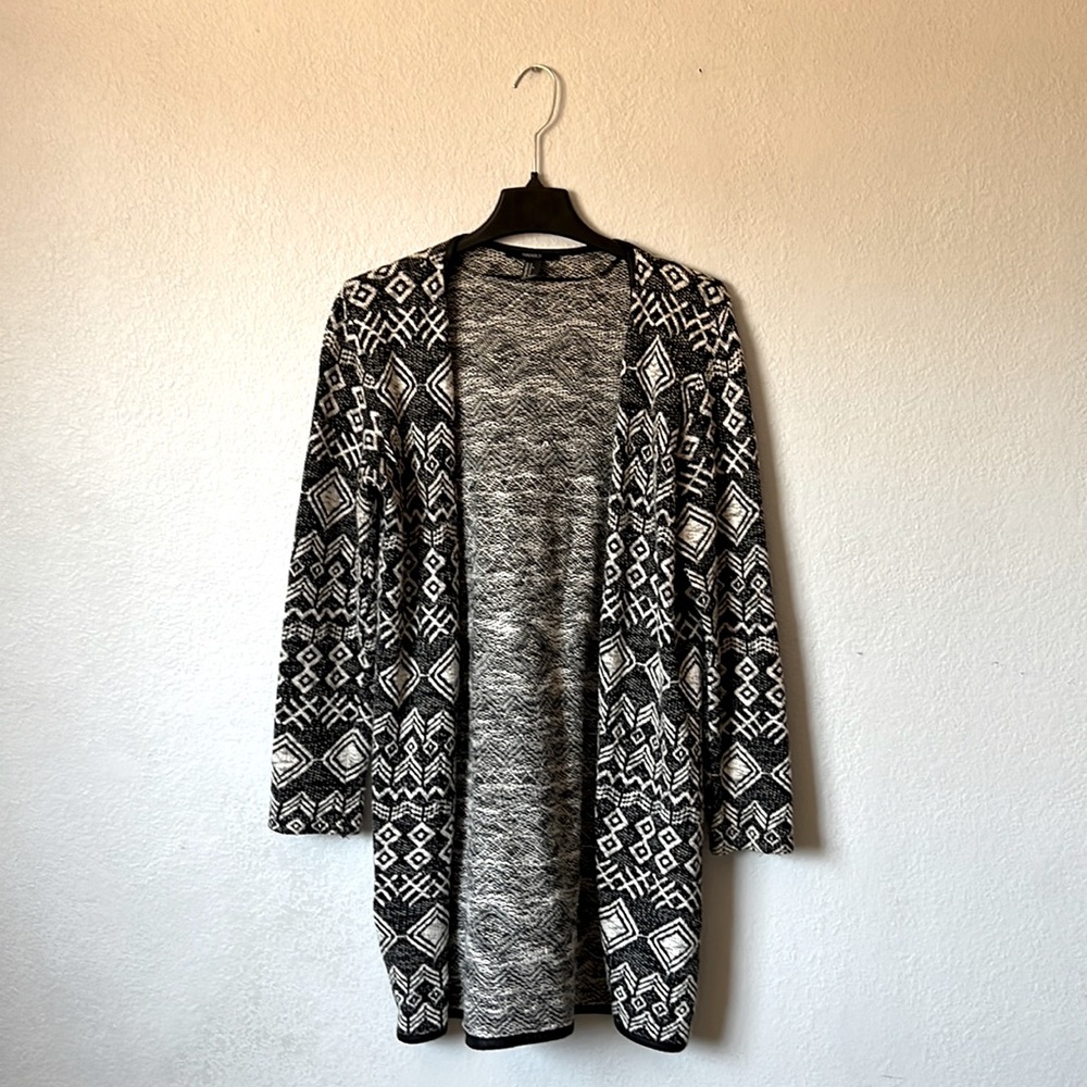 Forever 21-Long Open Front Cardigan Sweater-Black & White-Size Small
